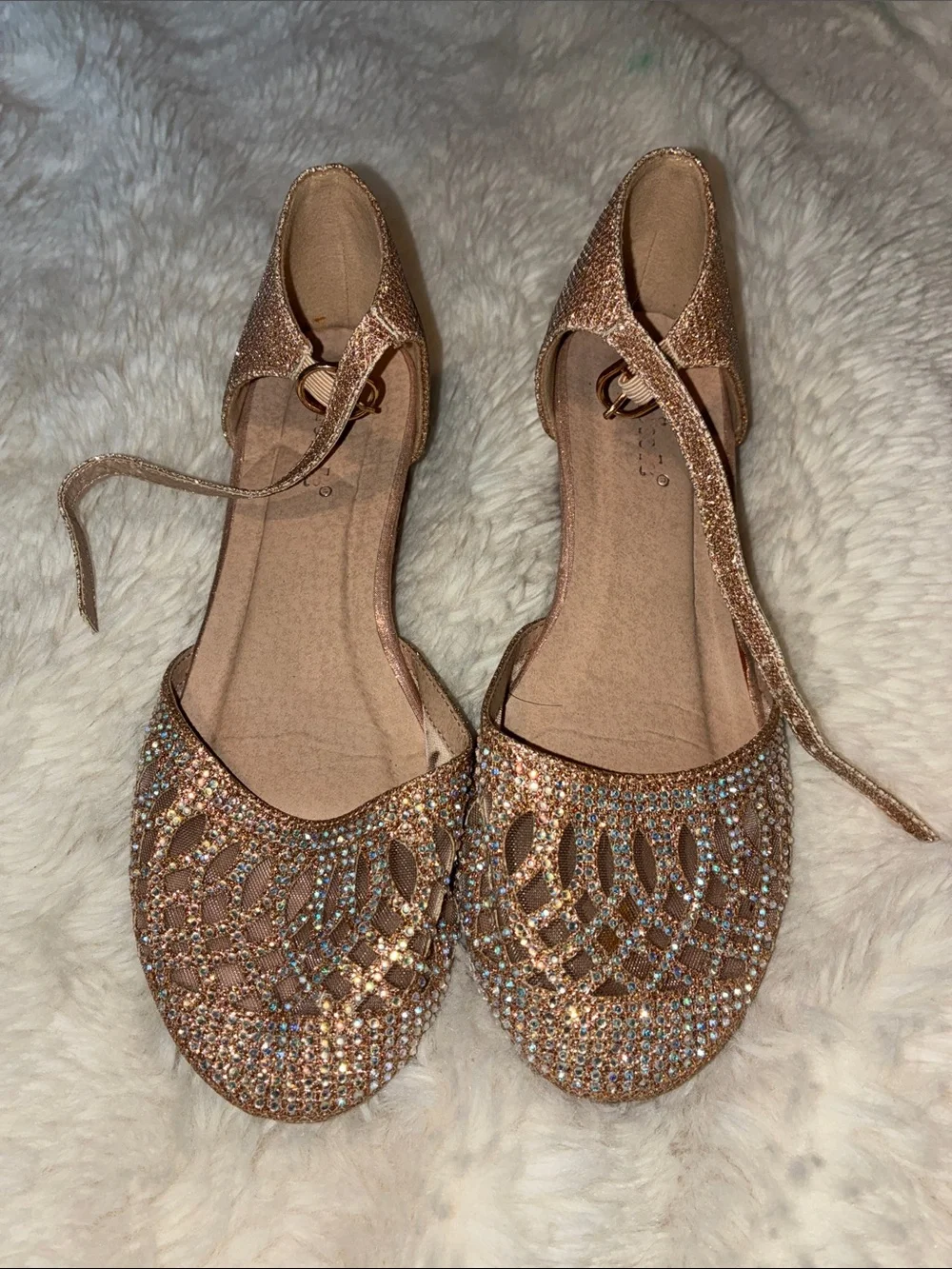Rose Gold Glitter Rhinestone D'Orsay Flats with Ankle Straps